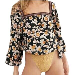 NWT FREE PEOPLE Women’s Boho Black Floral Blooming Boarders Bodysuit